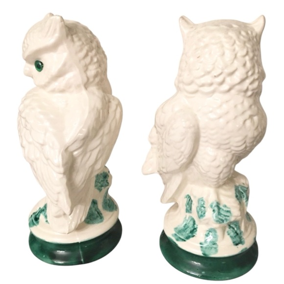 Elegant White Owl Figurines with Green Accents - Picture 2 of 4